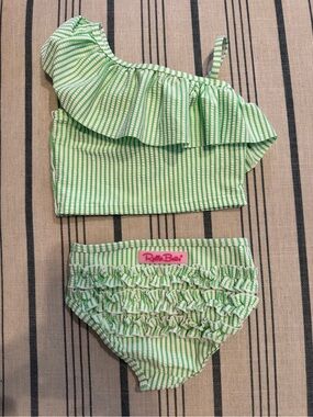 Ruffle Butts Green and White Striped Kids Two-Piece